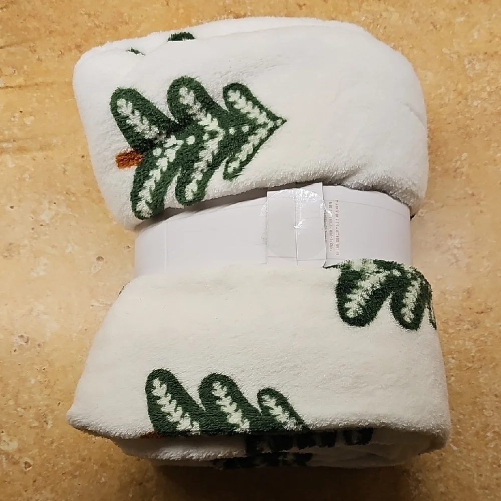 White and Green Plush Throw Blanket